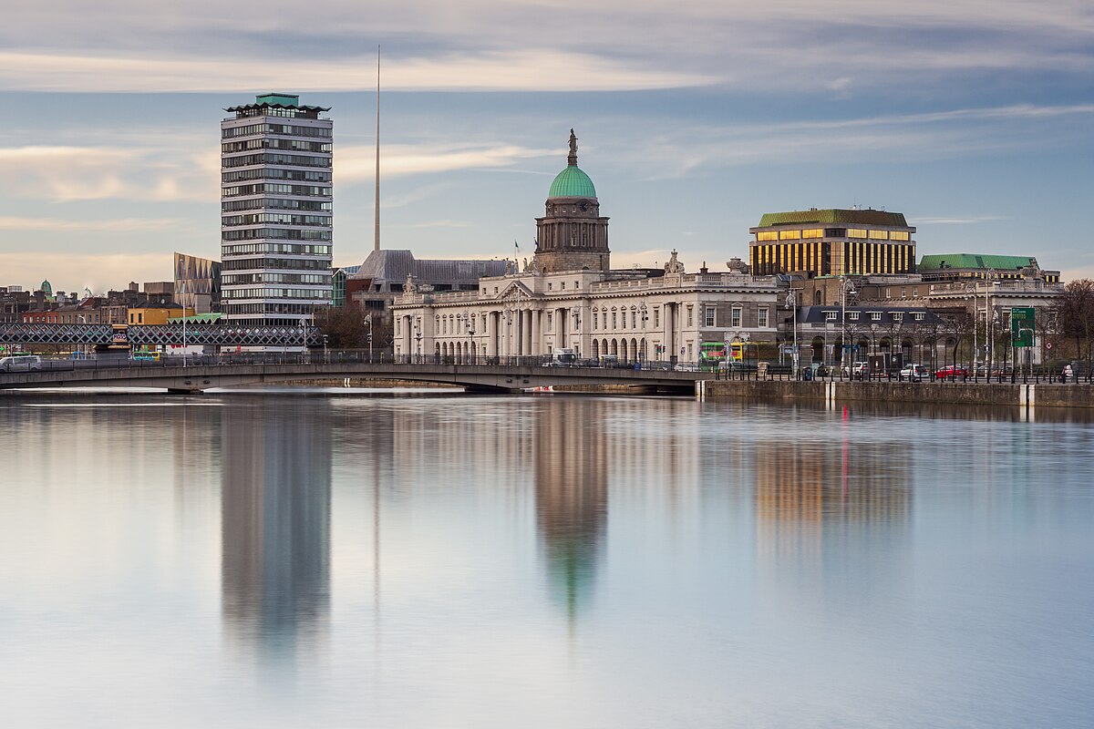 View of Dublin city buildings and the river Liffey.